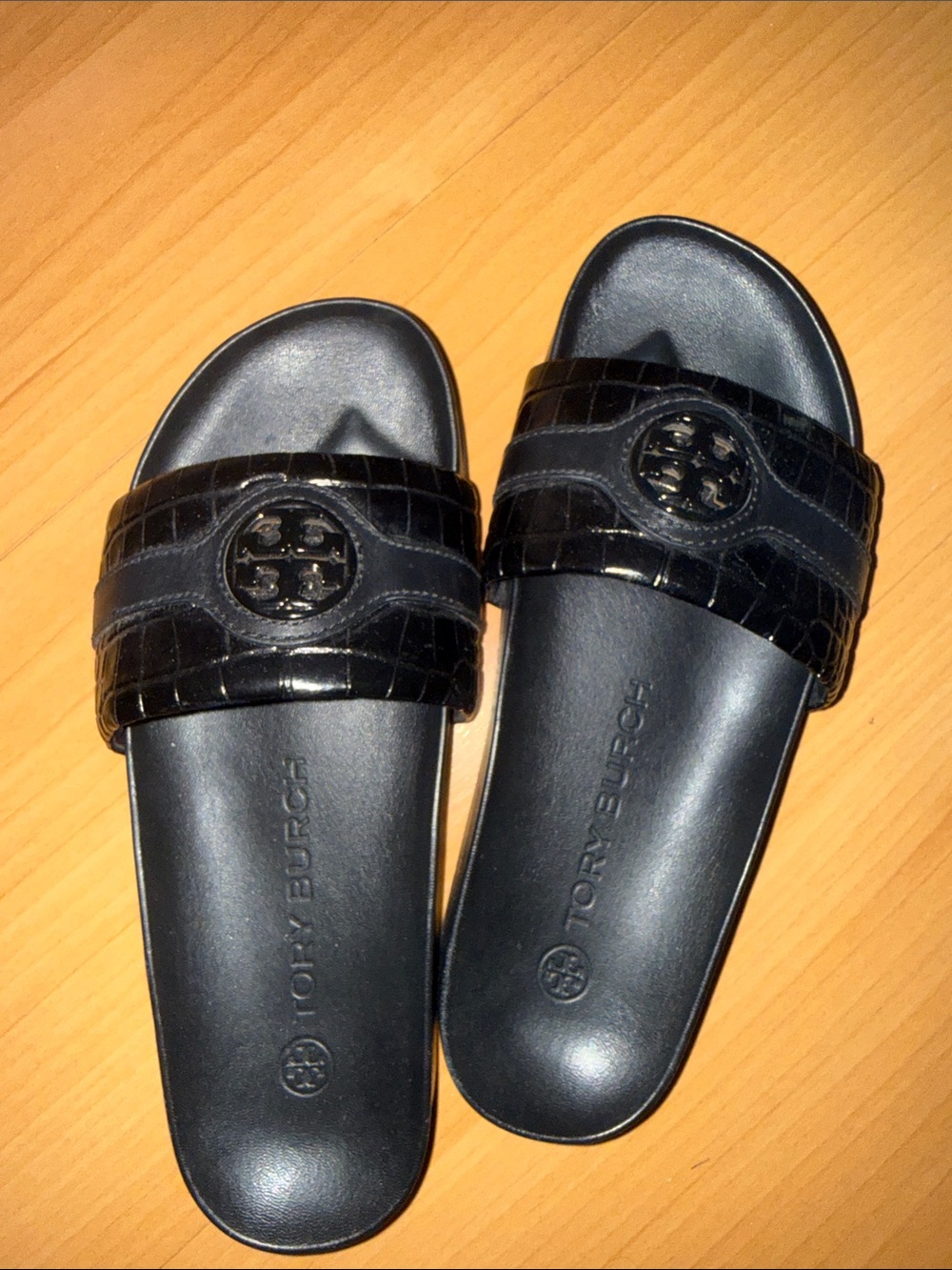 Tory Burch Black Croc-Embossed Logo Slide Sandals